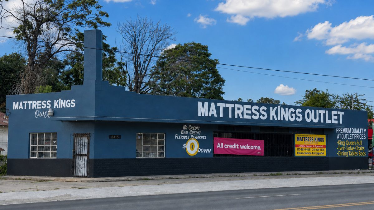 The Nogalitos St store from across the road. The building reads Mattress Kings Outlet, with a banner saying All credit welcome.