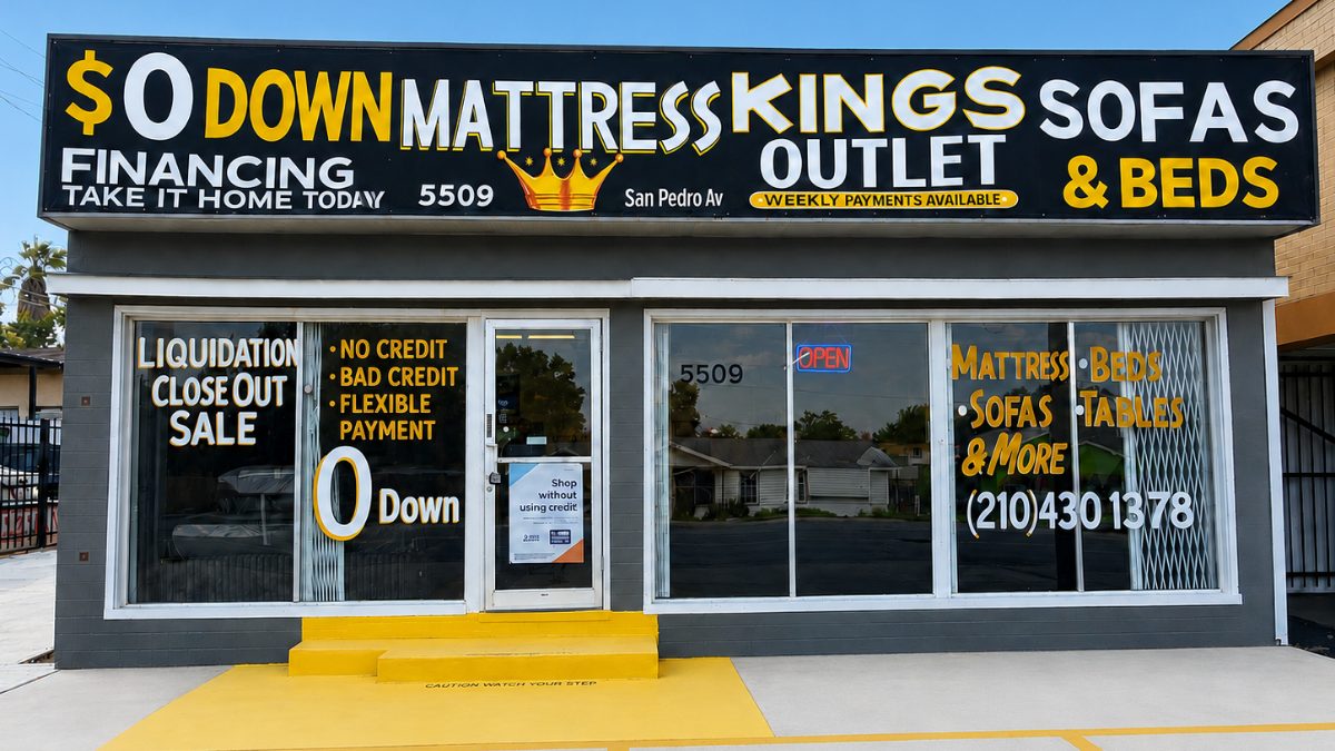 The San Pedro Ave store from the street. The sign reads Mattress Kings Outlet, 5509 San Pedro Av, $0 down financing.